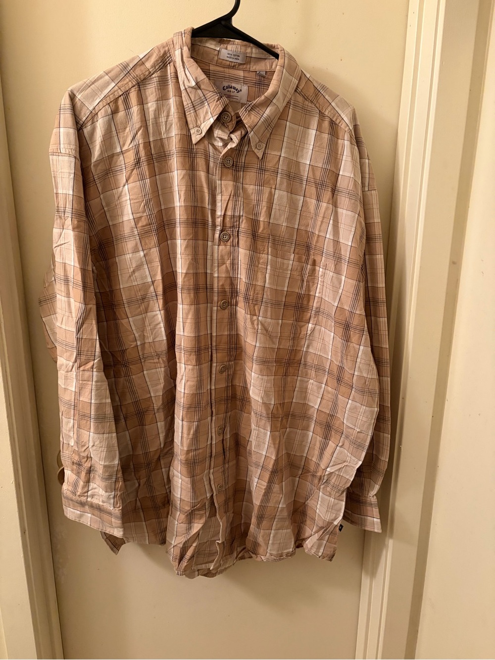 Callaway Men's Tan and White Plaid Casual Button-Down Shirt
